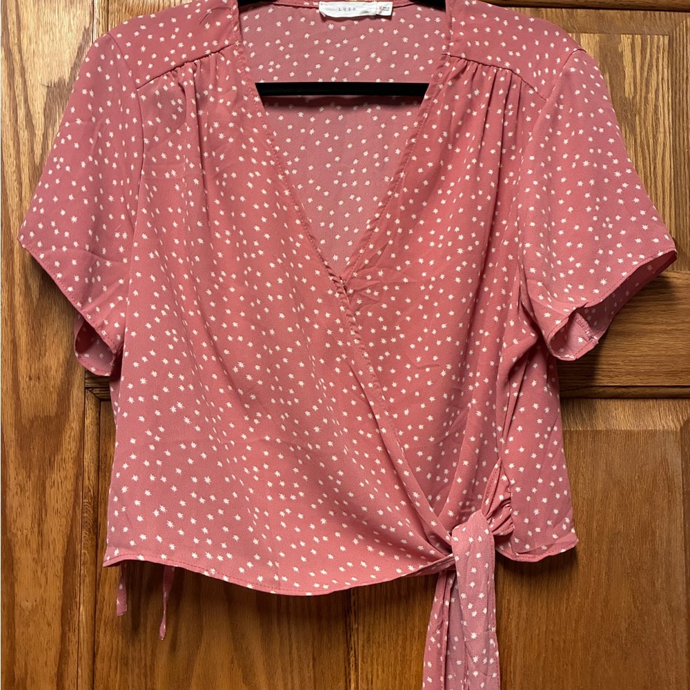 Lush Dusty Rose Wrap Blouse with White Dots